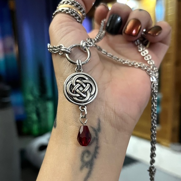 Necklace stainless steel cable link chain , celtic charm & dangly red crystal - Picture 7 of 8